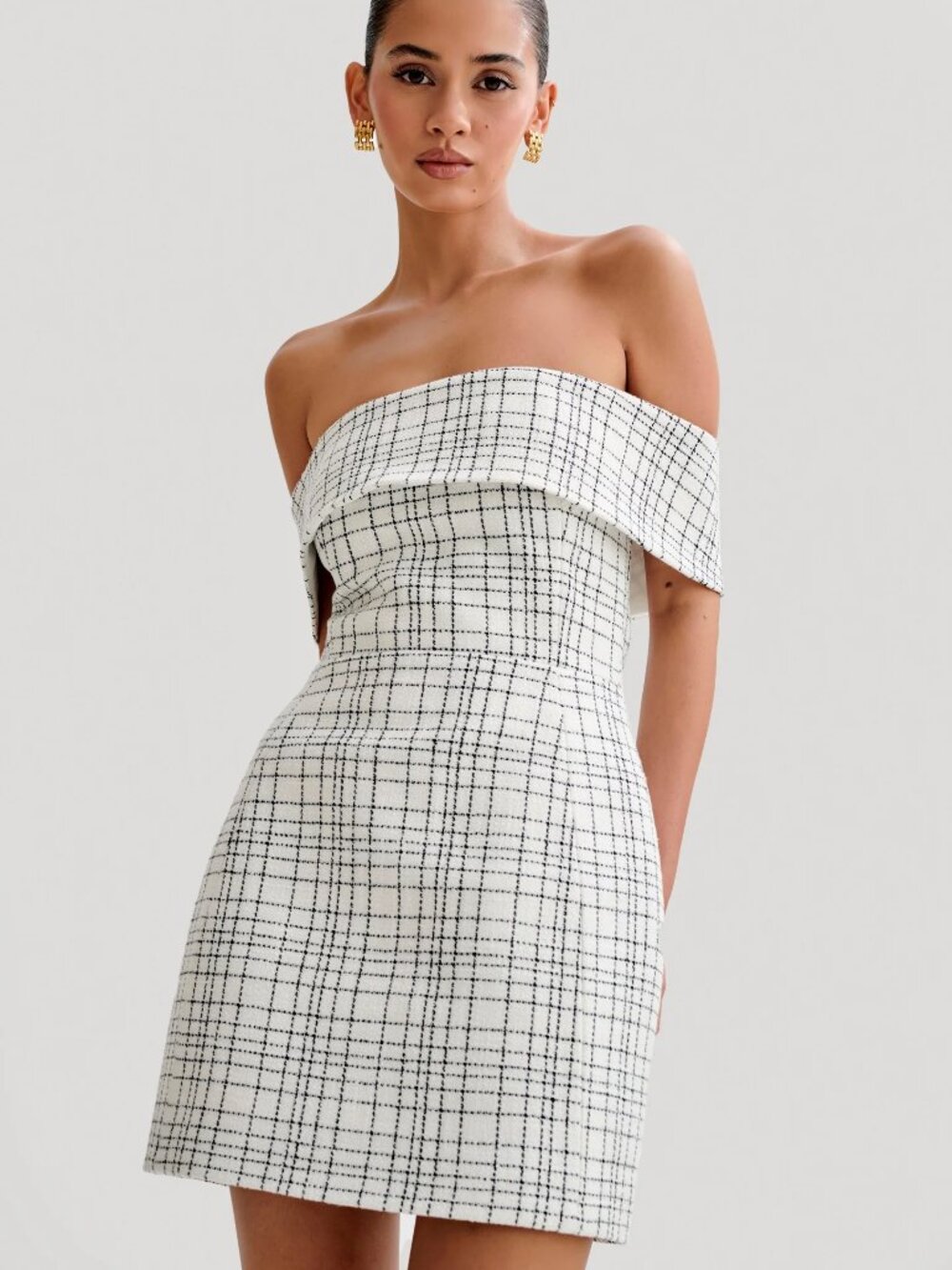 NWT Meshki Helena Tweed Off Shoulder Mini Dress Size S